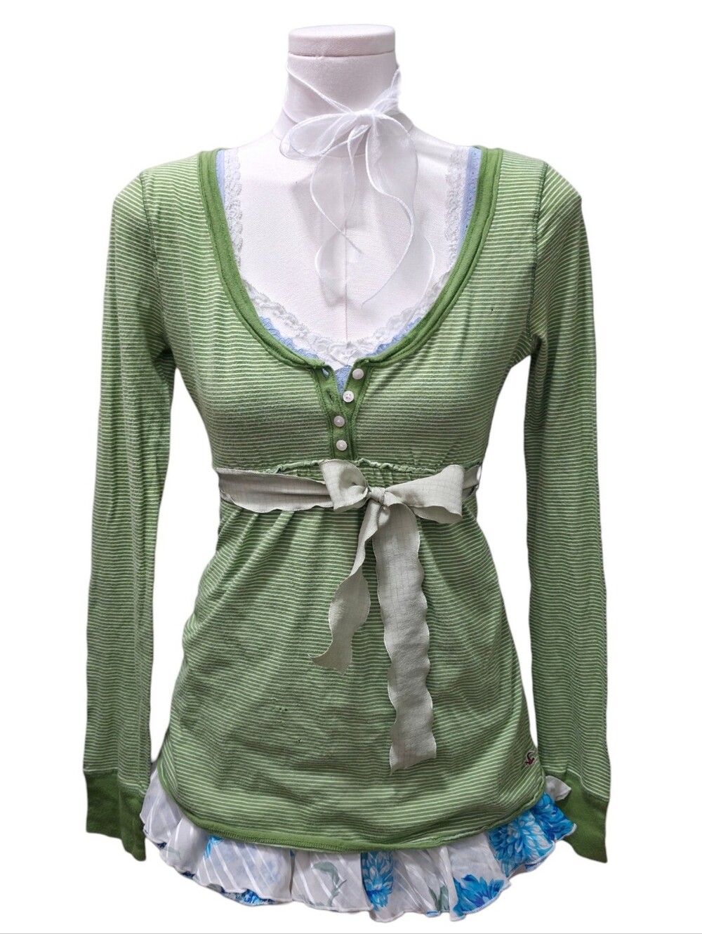 SOLD.  Hollister green striped babydoll top with bow detail #coquette #fairycore